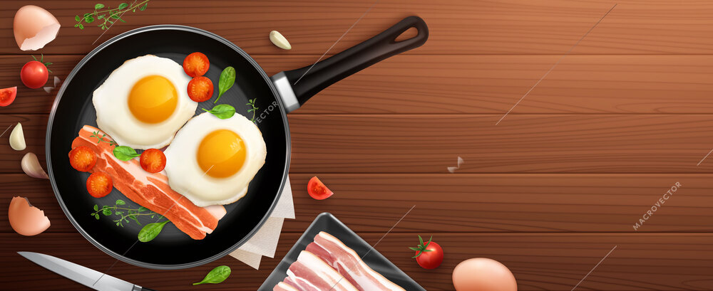 Breakfast realistic composition with frying pan on dark wooden table background and top view of meal vector illustration