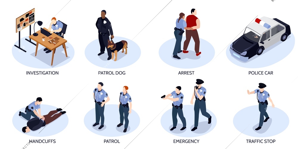 Isometric police set of isolated circle compositions showing officers into everyday work with editable text captions vector illustration