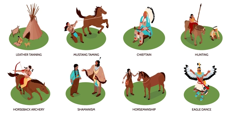 Set with isolated american indians compositions with isometric human characters animals with dwellings and text captions vector illustration