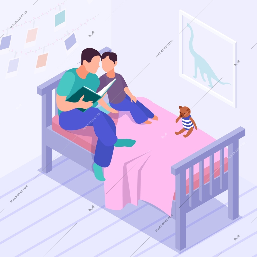 Isometric father day composition with bedroom view and faceless characters of dad and son sleepytime tale vector illustration