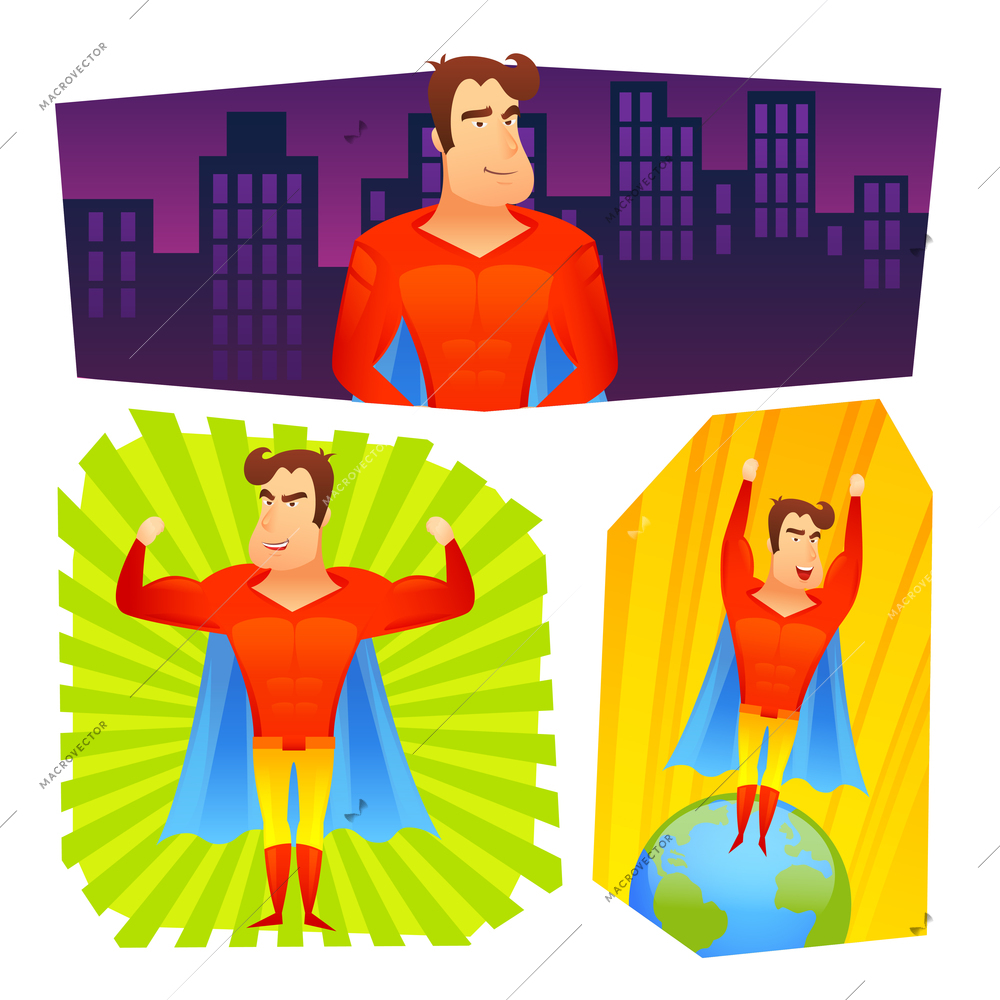 Superher fictional powerful cartoon character in red costume blue cape colorful banner set abstract isolated vector illustration