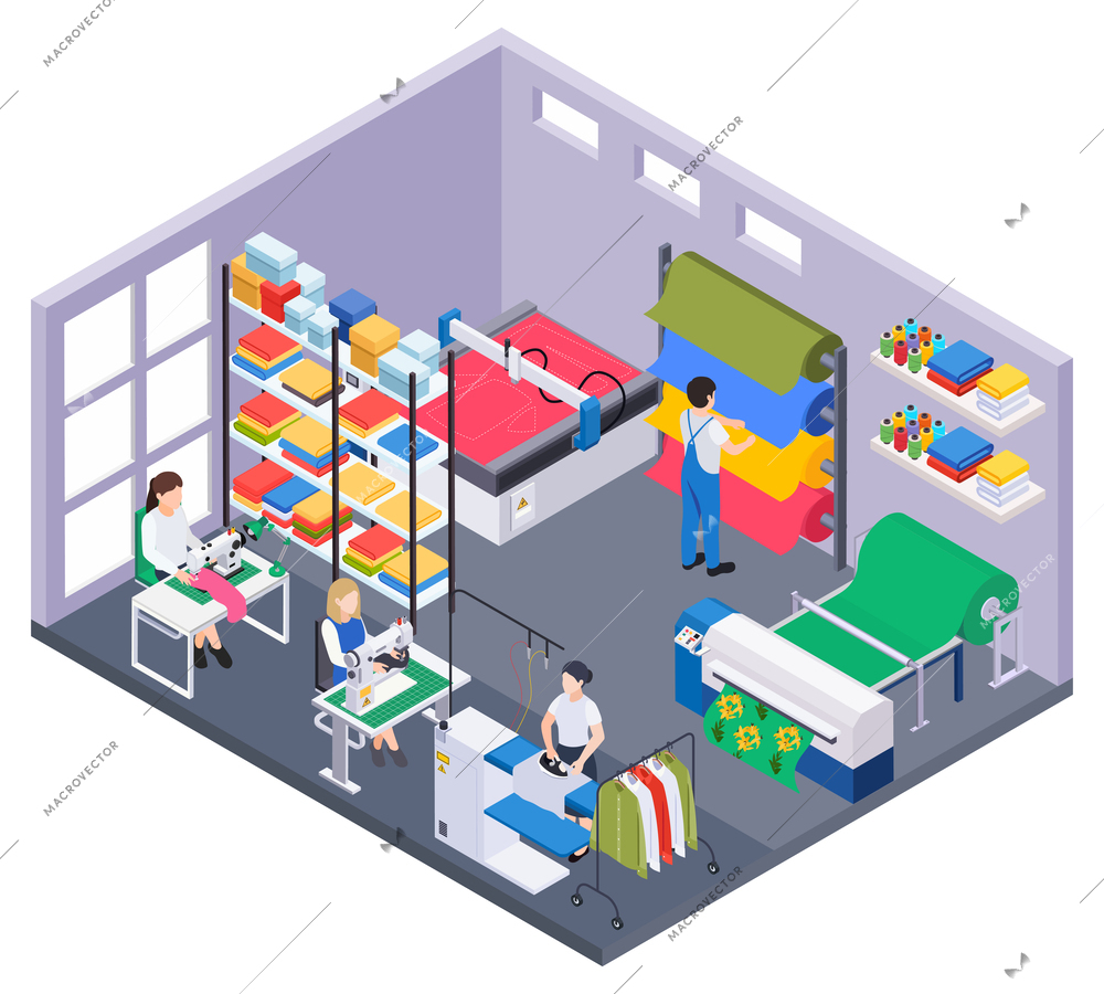 Textile industry isometric composition with isolated view of workshop room with tailors rolls garments on shelves vector illustration