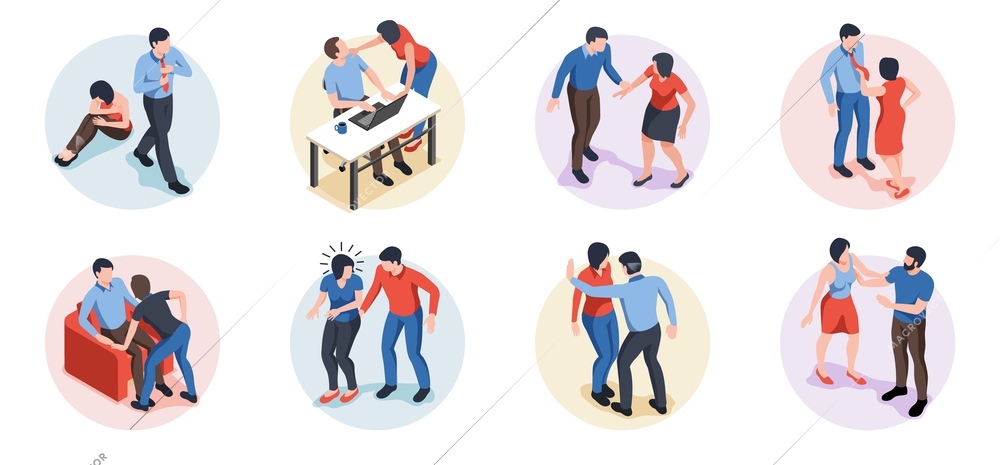 Harassment at work isometric compositions set with male and female characters isolated vector illustration