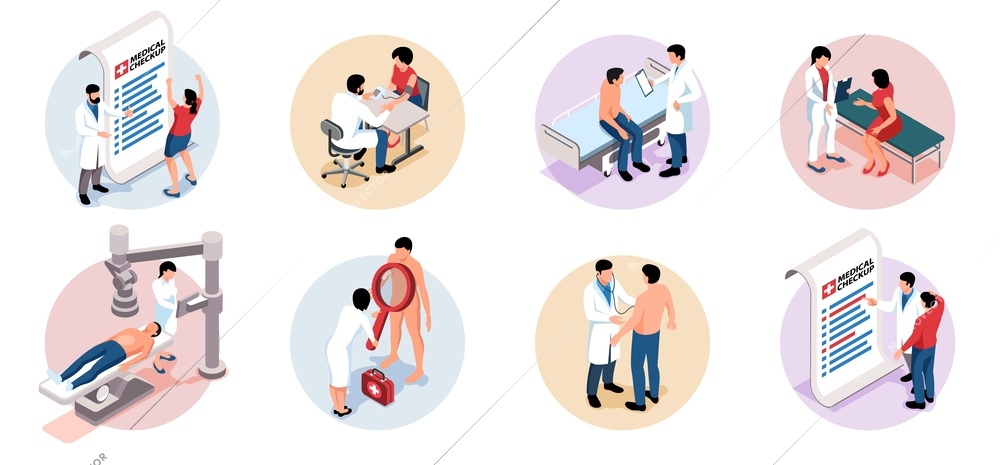 Set of isometric isolated compositions with male and female patients during medical checkup at hospital 3d vector illustration