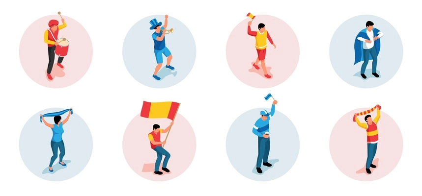 Isometric set of compositions with male and female sport fans supporting teams with flags and musical instruments isolated vector illustration