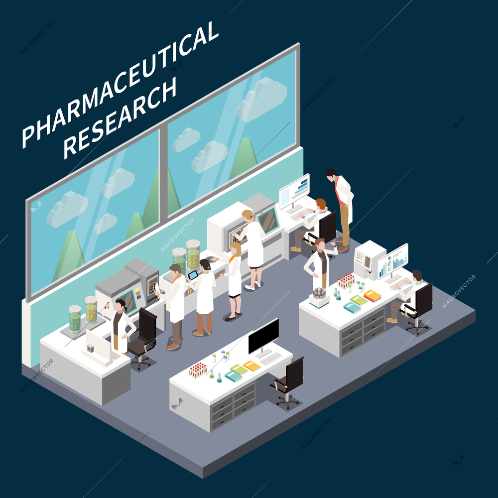 Research development isometric concept with engineers in pharmaceutical lab vector illustration