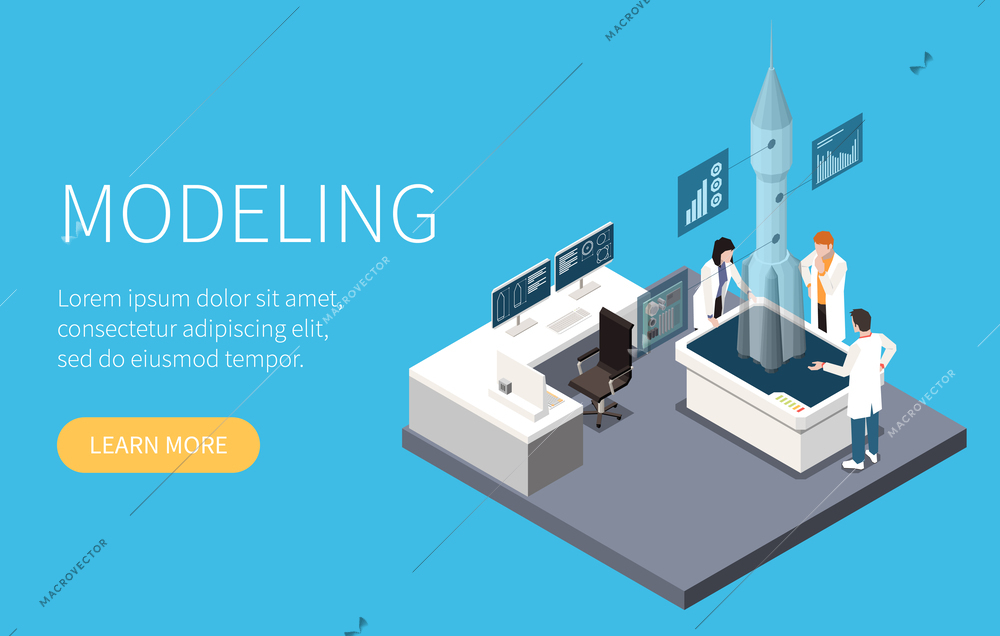 Rocket building isometric concept with spacecraft design modeling vector illustration