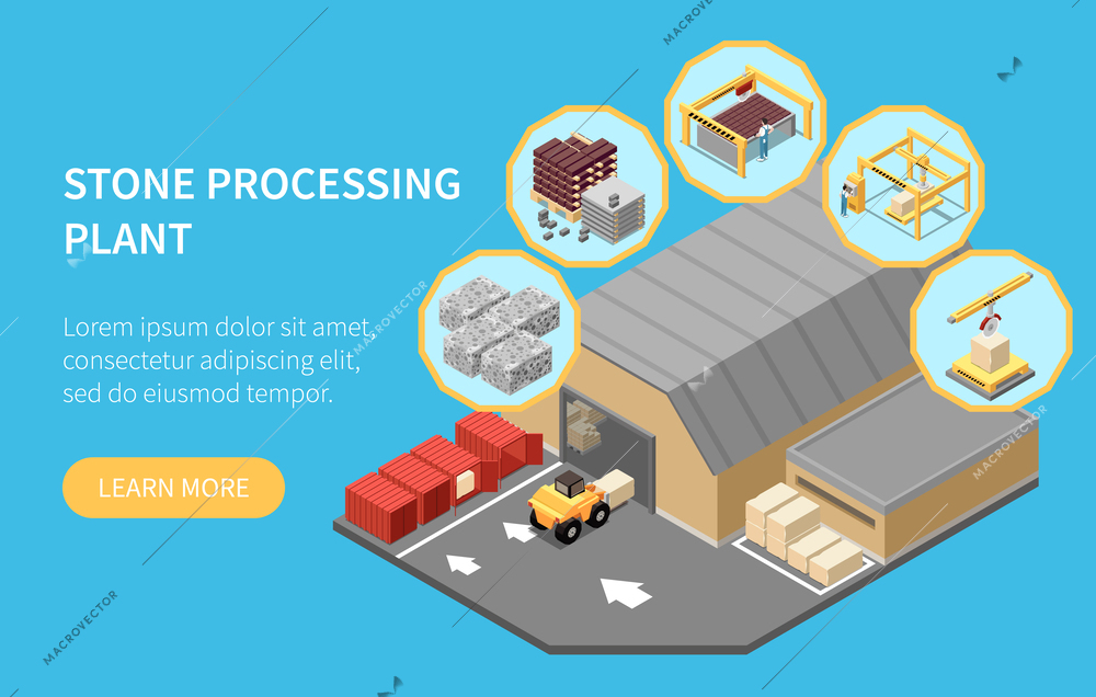 Stone factory isometric concept with marble and granite processing plant vector illustration