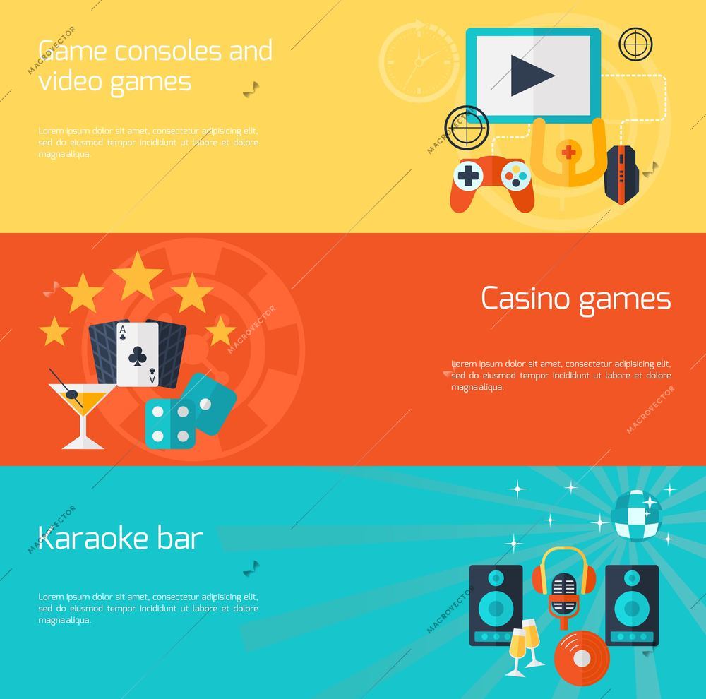 Entertainment horizontal banner set with video casino games karaoke bar flat elements isolated vector illustration