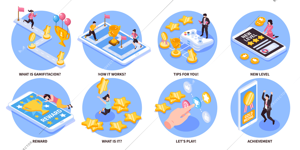 Isometric gamification set of isolated circle compositions with text captions and icons of people getting reward vector illustration