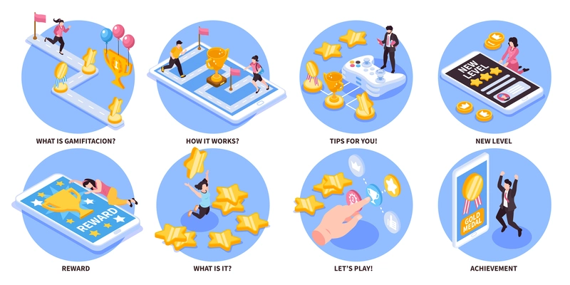 Isometric gamification set of isolated circle compositions with text captions and icons of people getting reward vector illustration