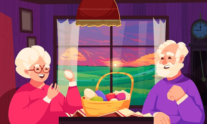 Easter cartoon composition with elder couple with egg basket vecvtor illustration