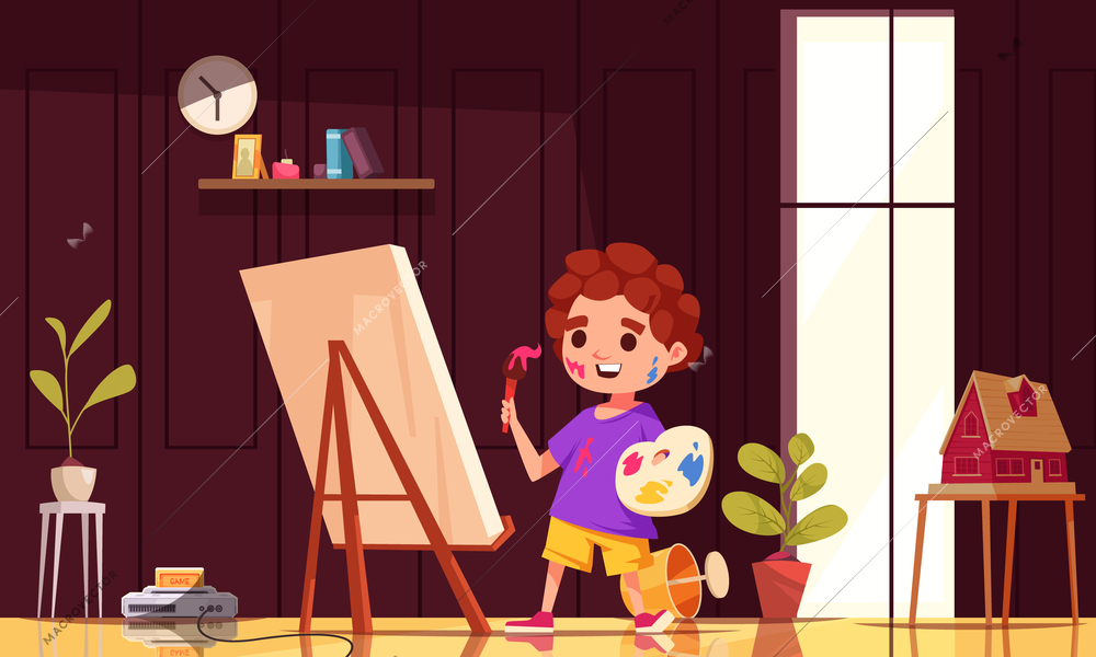 Children creative hobbies poster with happy boy drawing a picture vector illustration