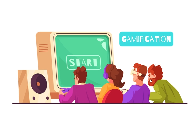 Gamification cartoon concept with group of people playing on computer vector illustration