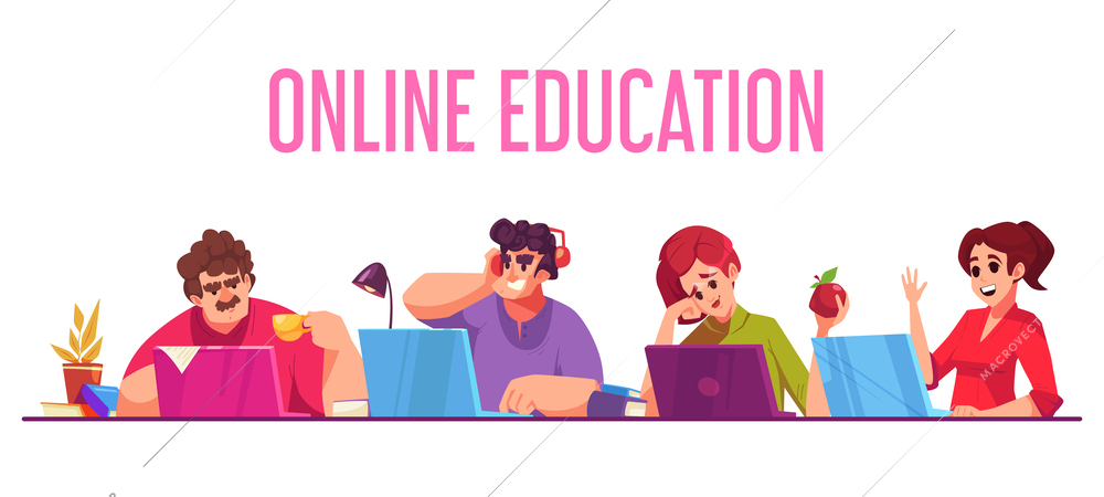 Online education cartoon concept with people learning online vector illustration
