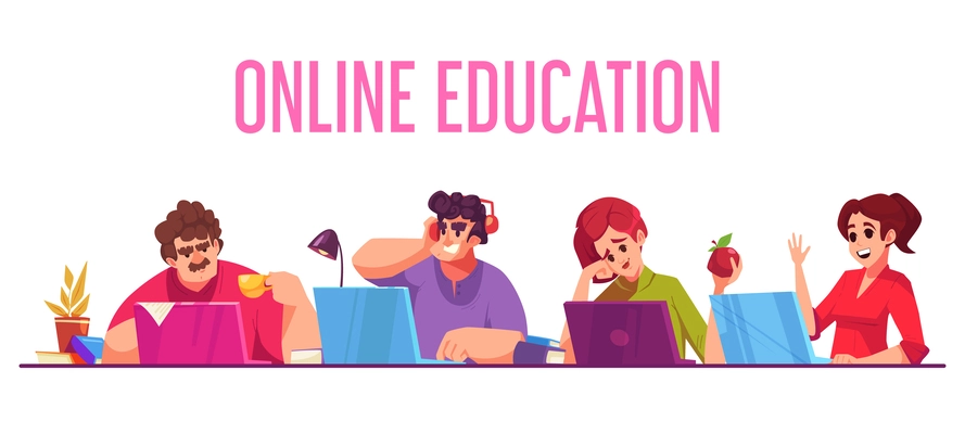 Online education cartoon concept with people learning online vector illustration