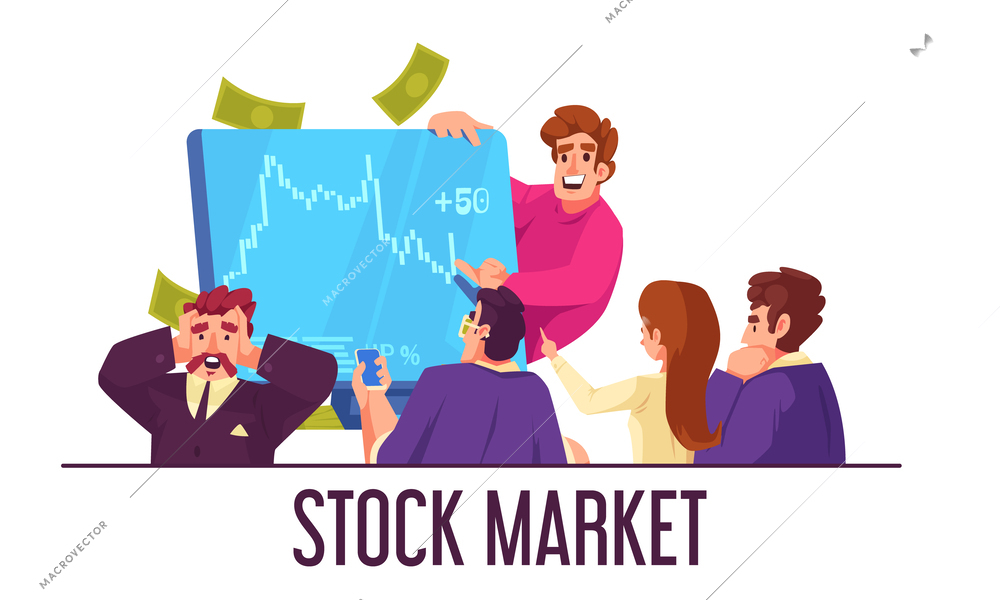 Stock market cartoon composition with people watching trading chart vector illustration