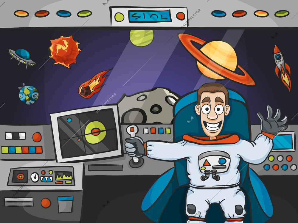 Smiling astronaut in spaceship interior with planets rockets and ufo on background vector illustration