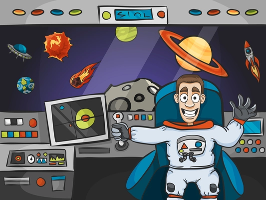 Smiling astronaut in spaceship interior with planets rockets and ufo on background vector illustration