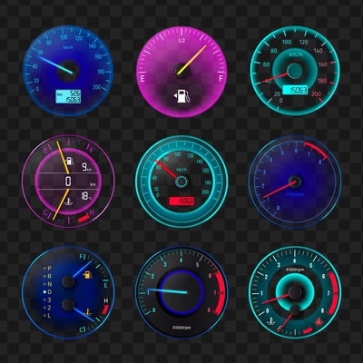 Realistic auto speedometer icons set isolated on transparent background vector illustration