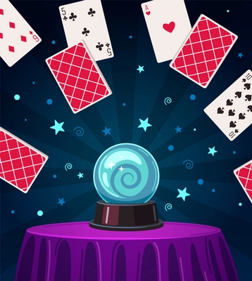 Magician show cartoon composition with cristal sphere and playing cards vector illustration