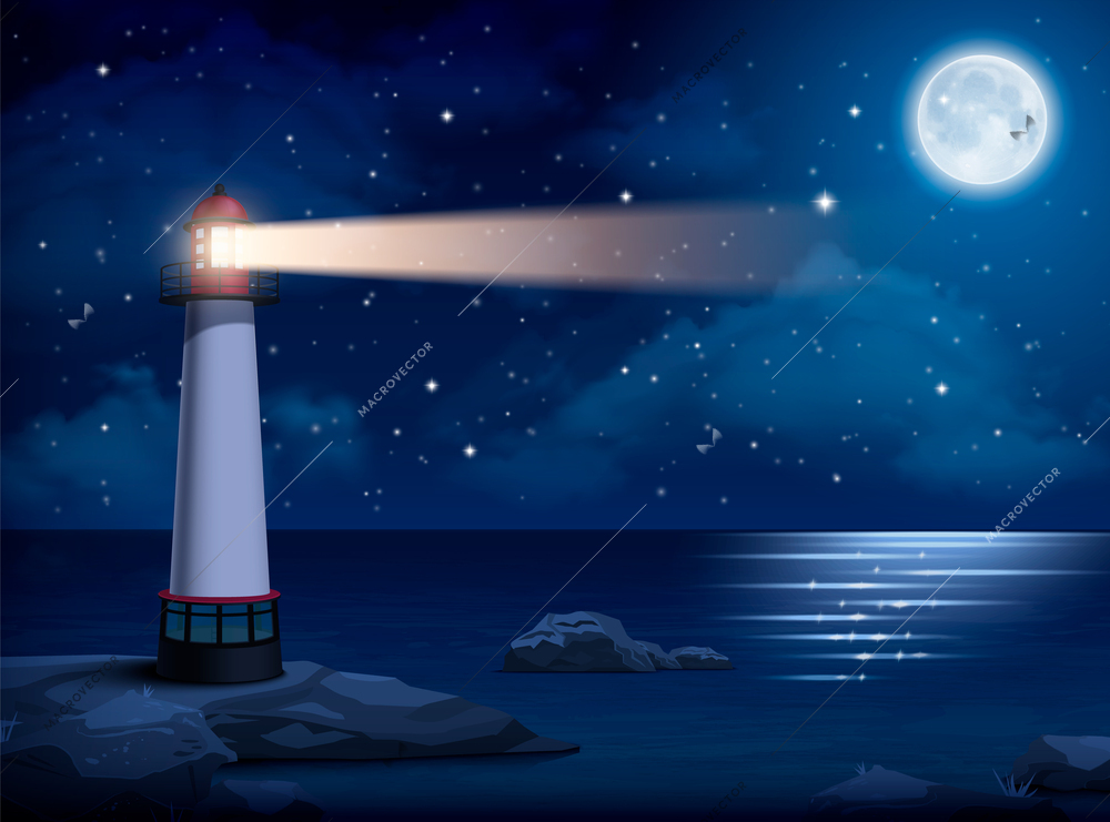 Lighthouse at night realistic poster with light beam and dark sky on background vector illustration