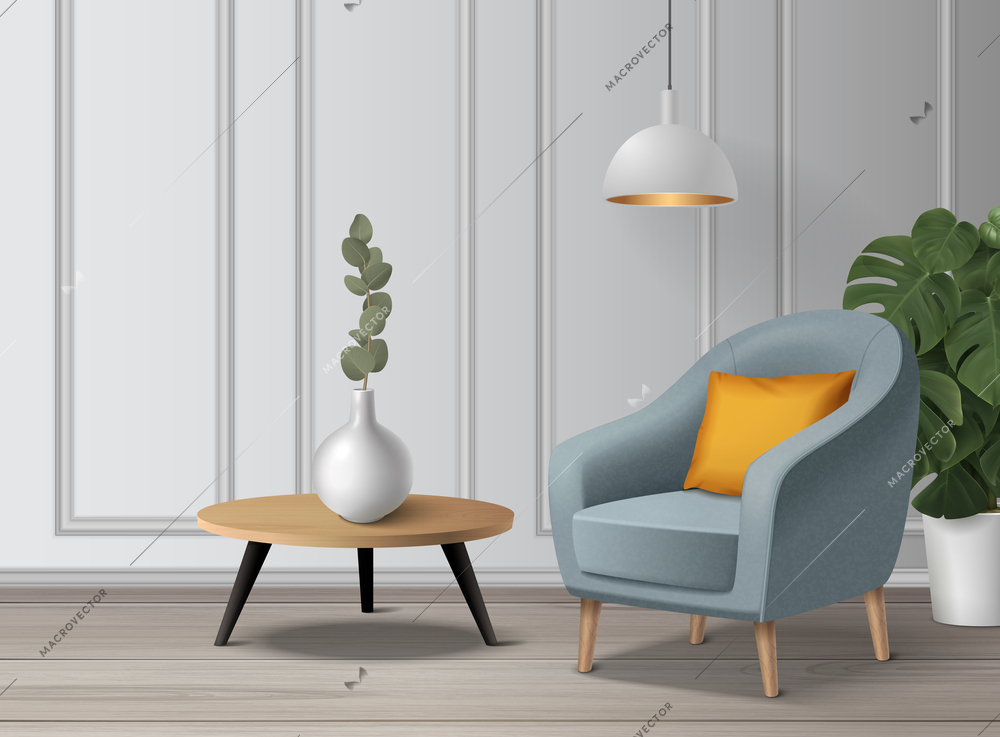 Realistic living room interior composition with armchair and plant pots vector illustration