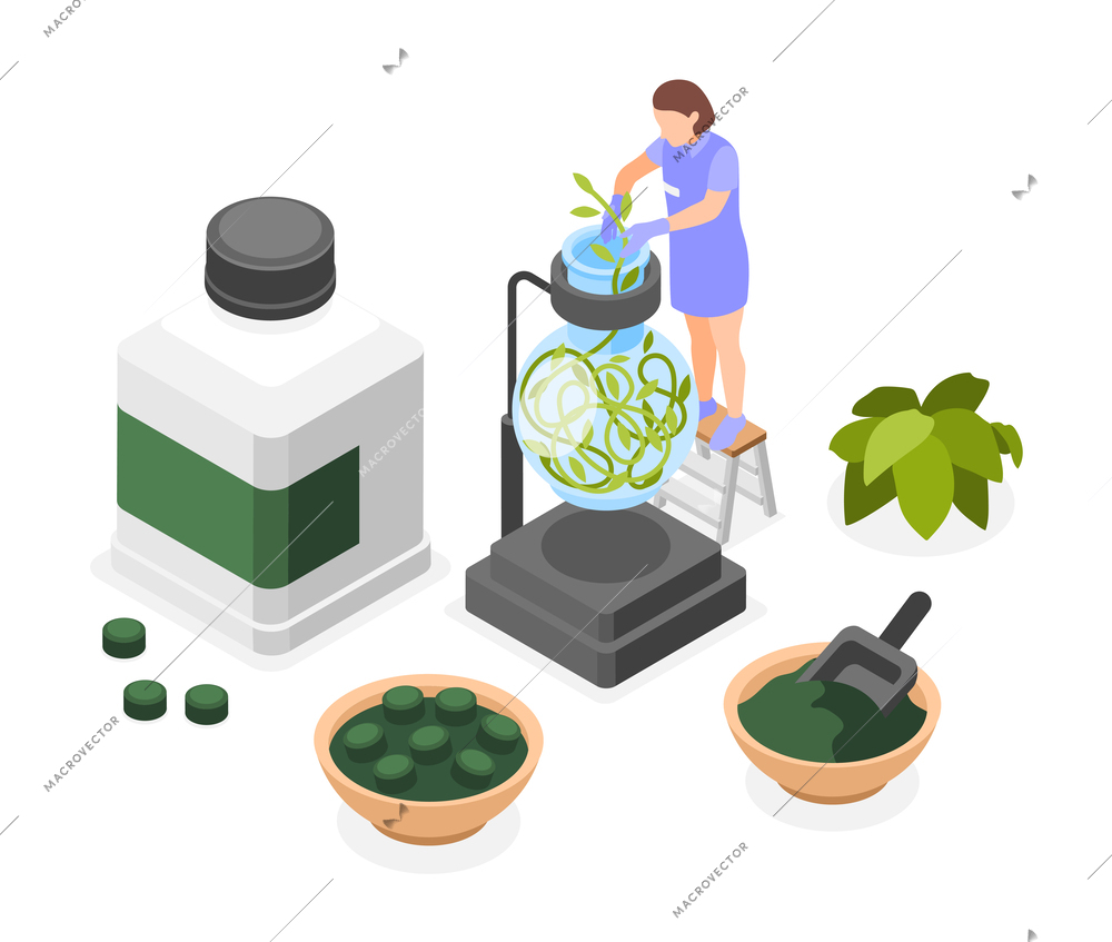 Futuristic food isometric composition with scientist growing biomass in test tube for innovative food production vector illustration