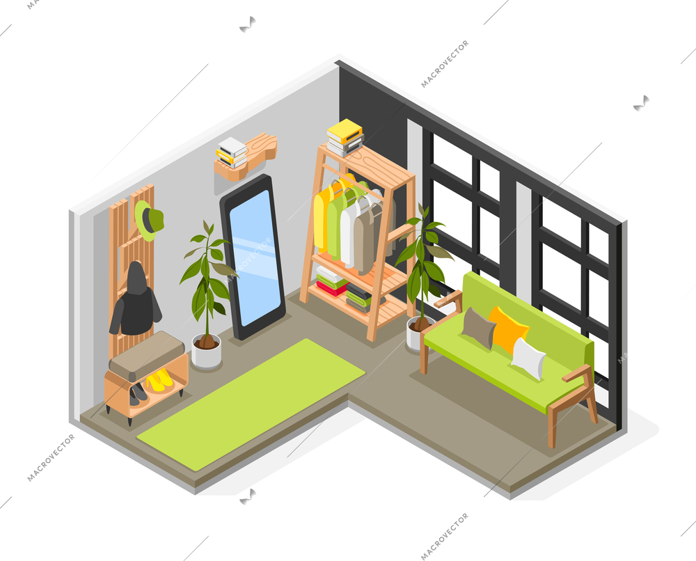 Store room isometric composition with isolated view of shop interior with shelf stands racks and hangers vector illustration