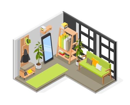 Store room isometric composition with isolated view of shop interior with shelf stands racks and hangers vector illustration