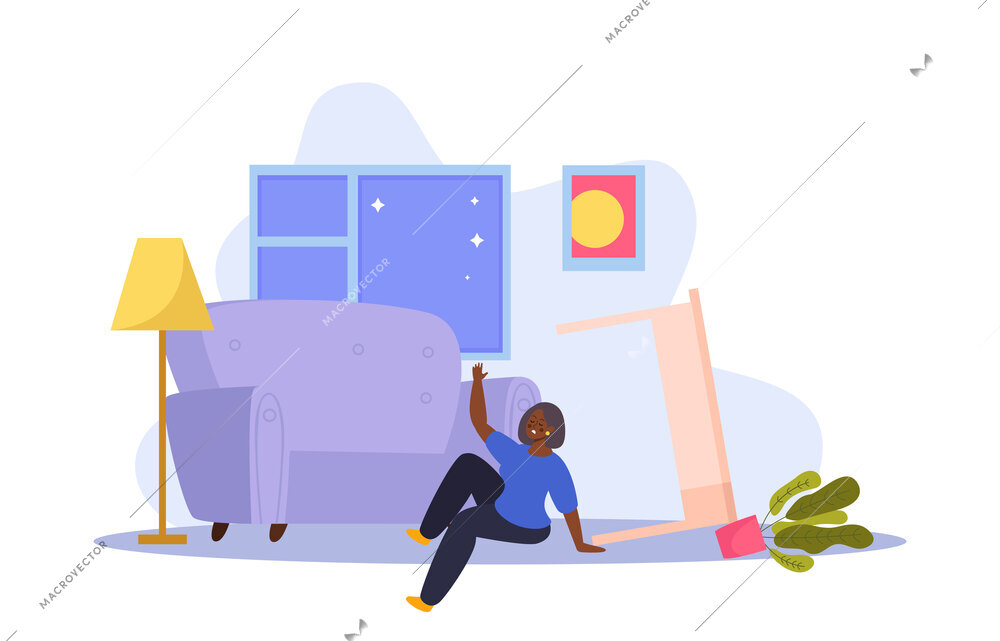 Home hazard flat composition with woman fell down at home vector illustration