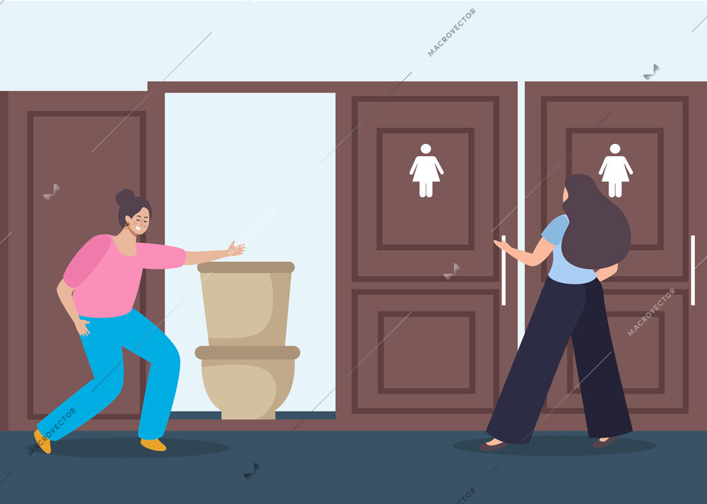 Public room flat composition with woman in front of lavatory door vector illustration