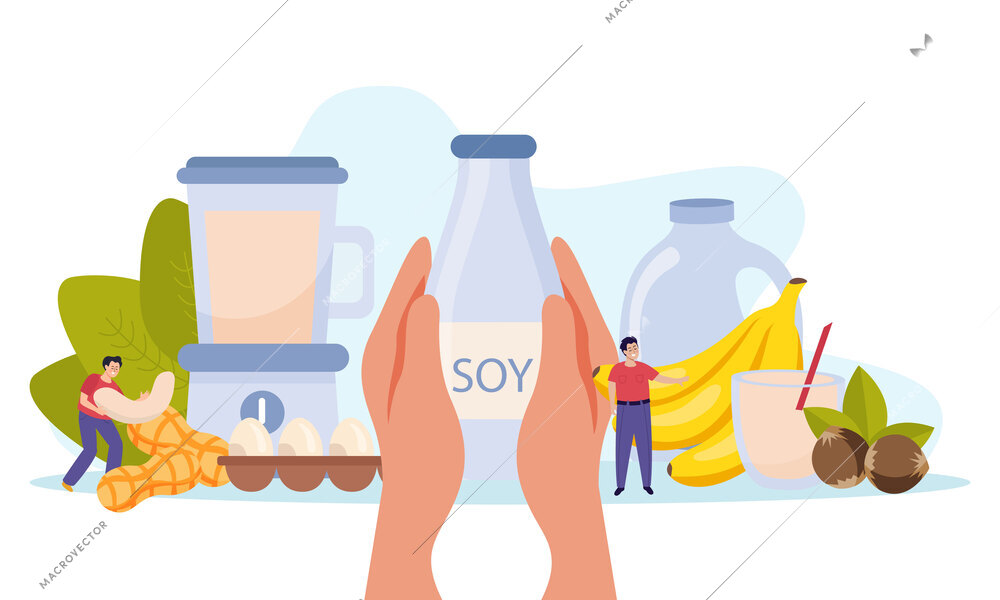 Vegan milk flat composition with human hands holding a bottle of soy drink vector illustration