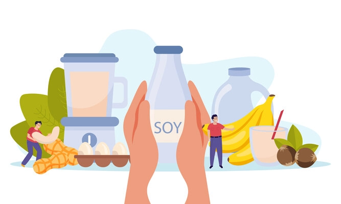 Vegan milk flat composition with human hands holding a bottle of soy drink vector illustration