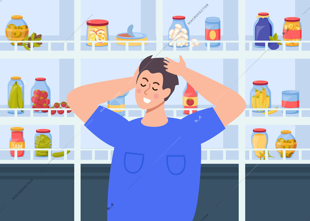 Canned food flat composition with man near grocery store shelf vector illustration