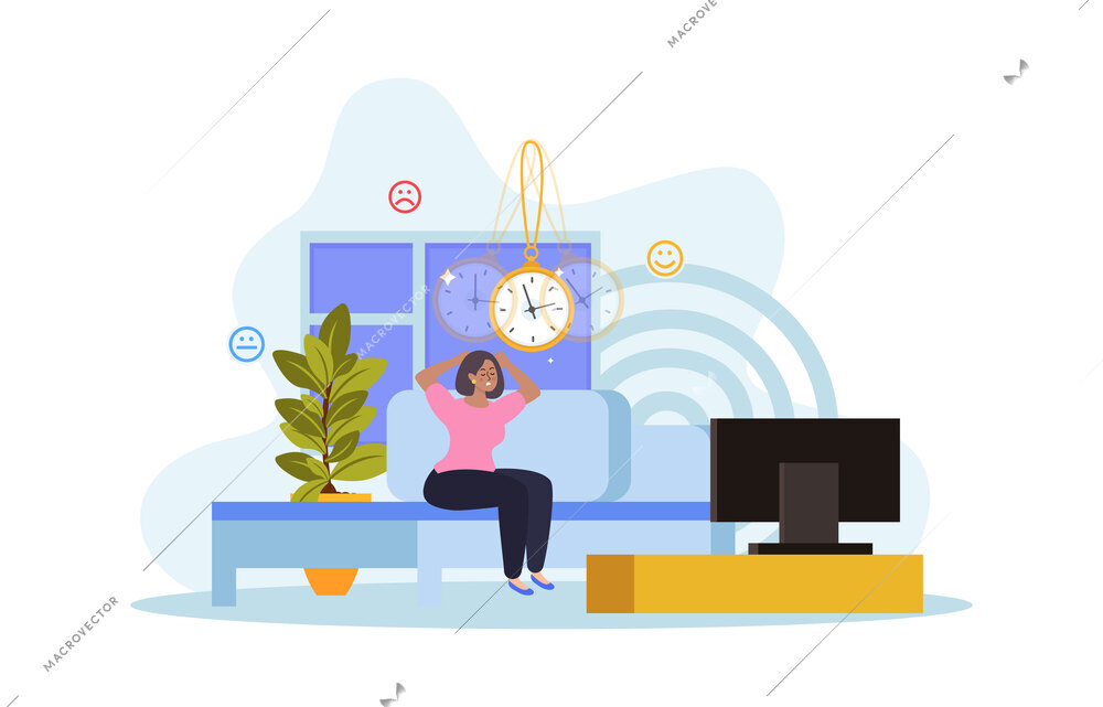 Sleep disorder flat composition with woman awake in night time vector illustration