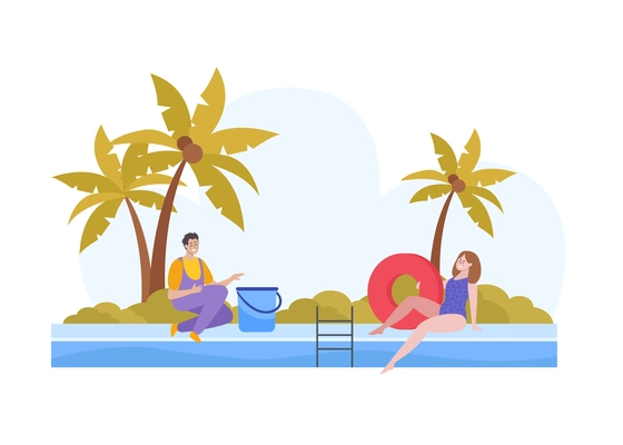 Swimming pool flat composition with people resting and cleaning nearby vector illustration