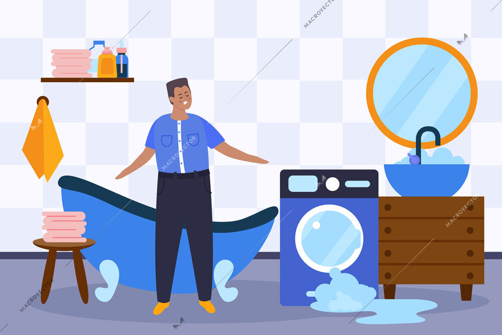 Safety hazard flat composition with broken washing machine vector illustration