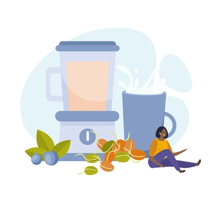 Vegan milk flat composition with cup of drink and blender vector illustration