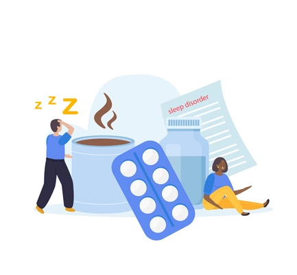 Sleep disorder flat composition with insomnia problem pills vector illustration