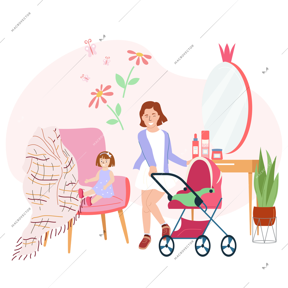 Baby and kids room concept with toys and cradle flat  vector illustration