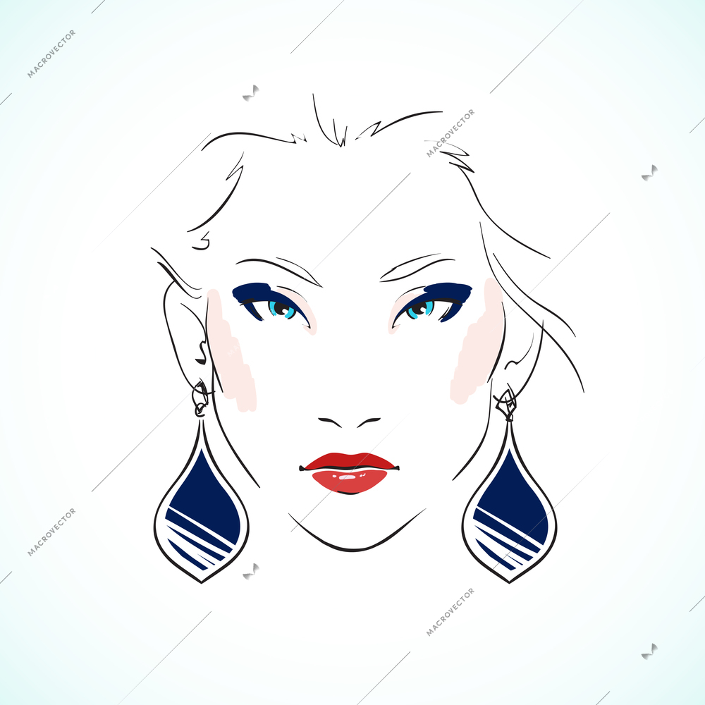Elegant young model face with expressive eyes wearing earrings isolated vector illustration