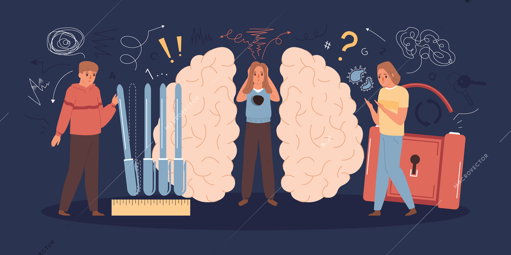 Abstract background with big brain hemispheres and little people with personality disorders flat vector illustration