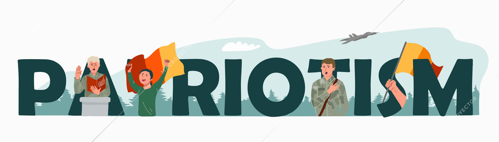 Patriotism text composition in flat style with military people taking oath and male patriot with flag vector illustration