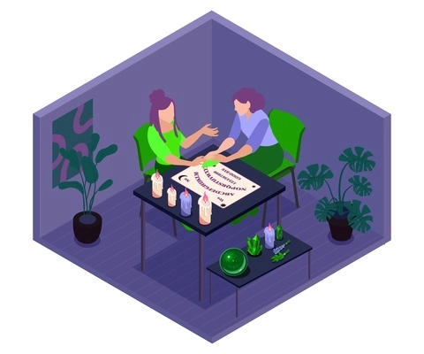 Isometric fortune teller composition with medium using spiritual desk vector illustration