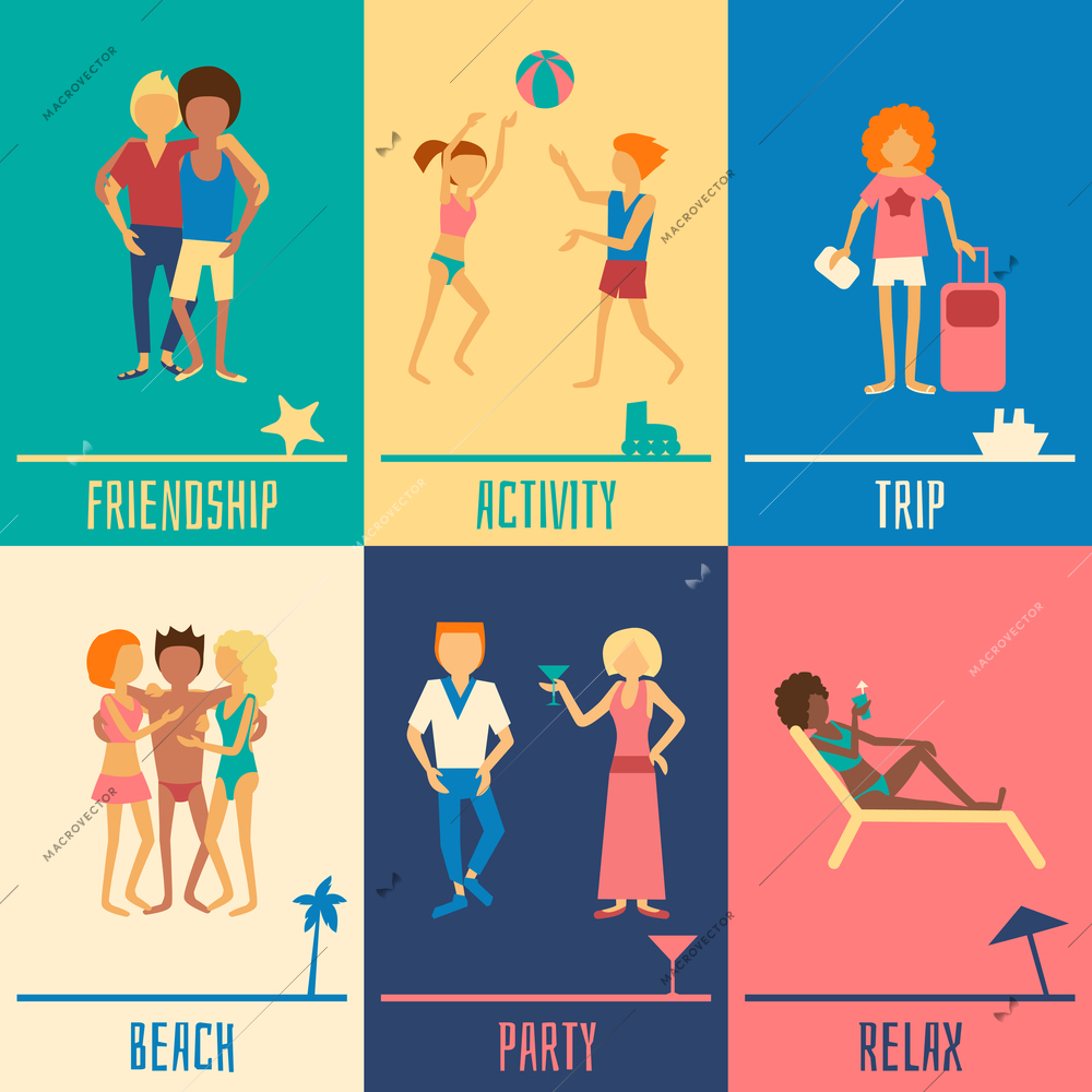People on vacation design concept set with friendship activity relax trip beach party symbols isolated vector illustration