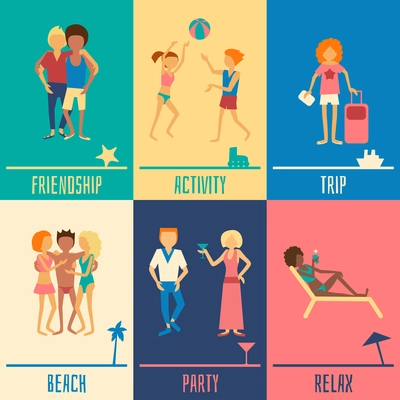 People on vacation design concept set with friendship activity relax trip beach party symbols isolated vector illustration