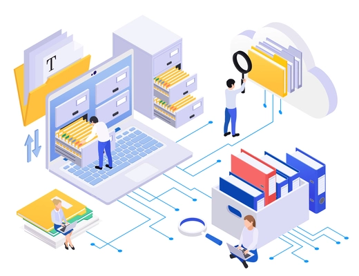 Archive isometric composition with people processing documents on laptop vector illustration