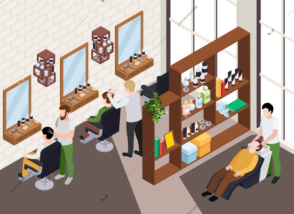 Barbershop hair salon isometric composition with indoor loft style interior view and characters of clients hairdressers vector illustration