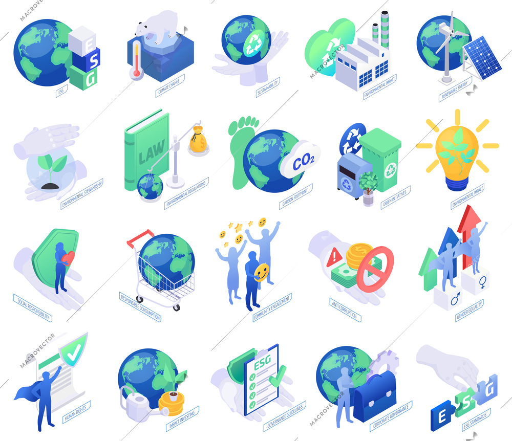 Esg environmental social corporate governance sustainability human rights gender equality climate change isometric icons set isolated vector illustration